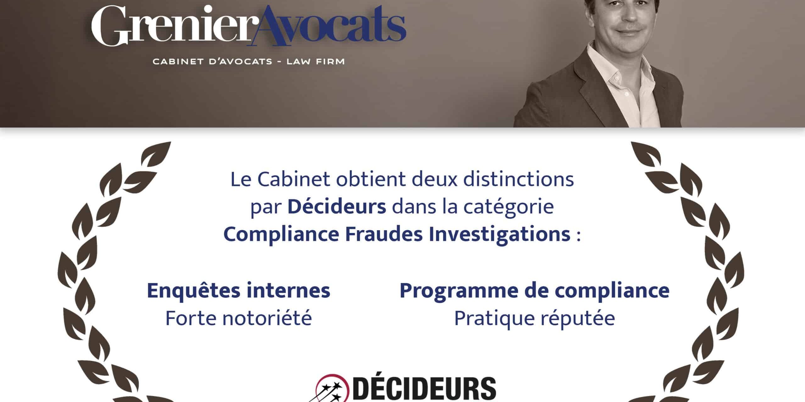 Grenier Avocats obtient deux distinctions du magazine Décideurs !