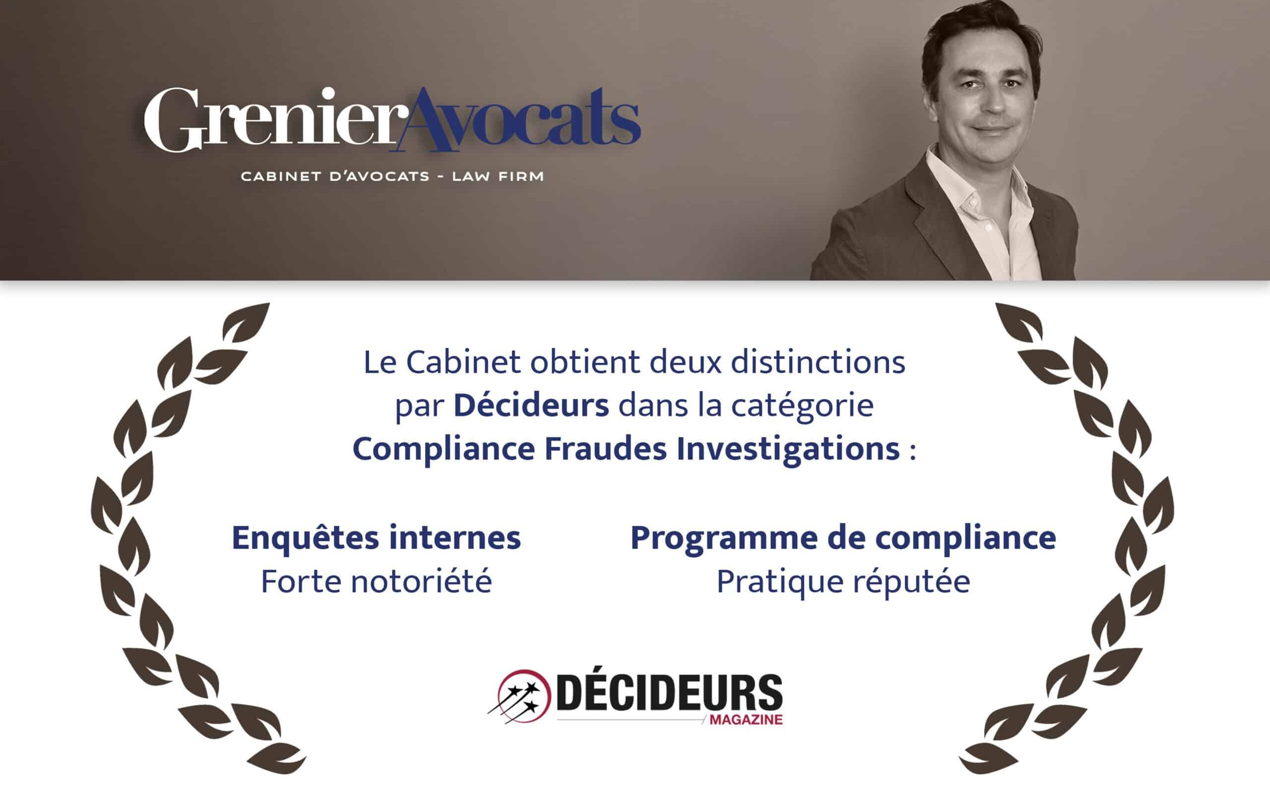 Grenier Avocats obtient deux distinctions du magazine Décideurs !